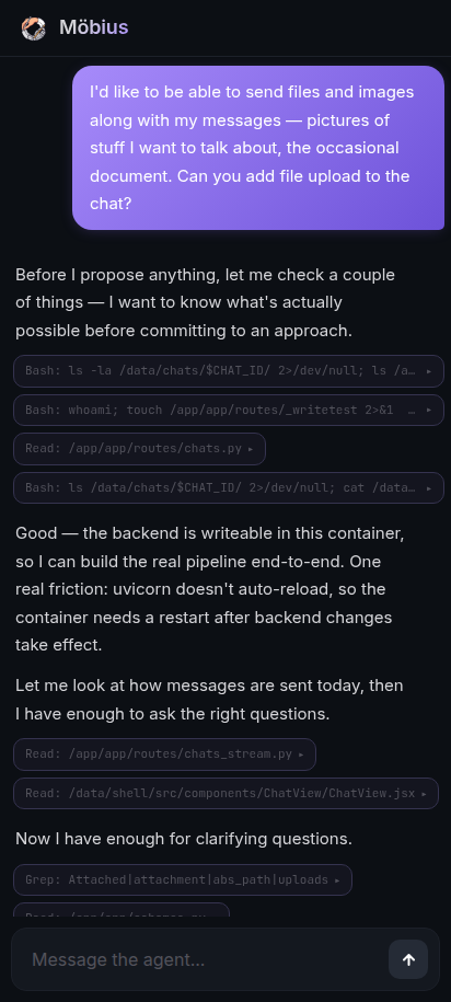 Top of the chat: the typed prompt asking for file upload, the agent's initial check, and a composer at the bottom with no paperclip.