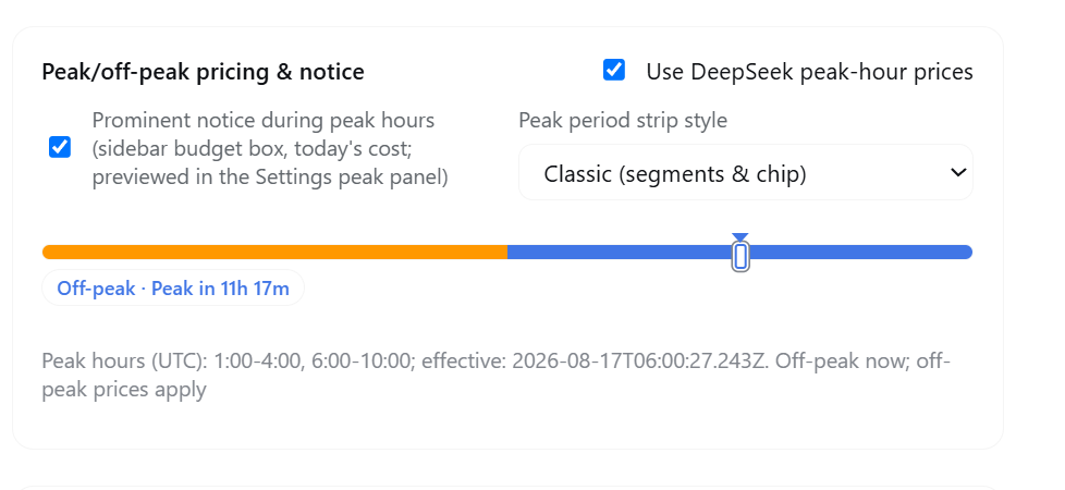Peak/off-peak pricing & notice panel