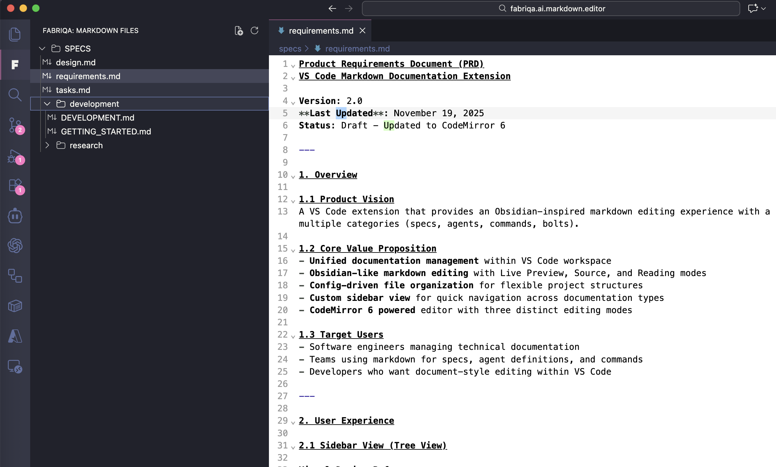 fabriqa.ai sidebar with markdown files organized by sections