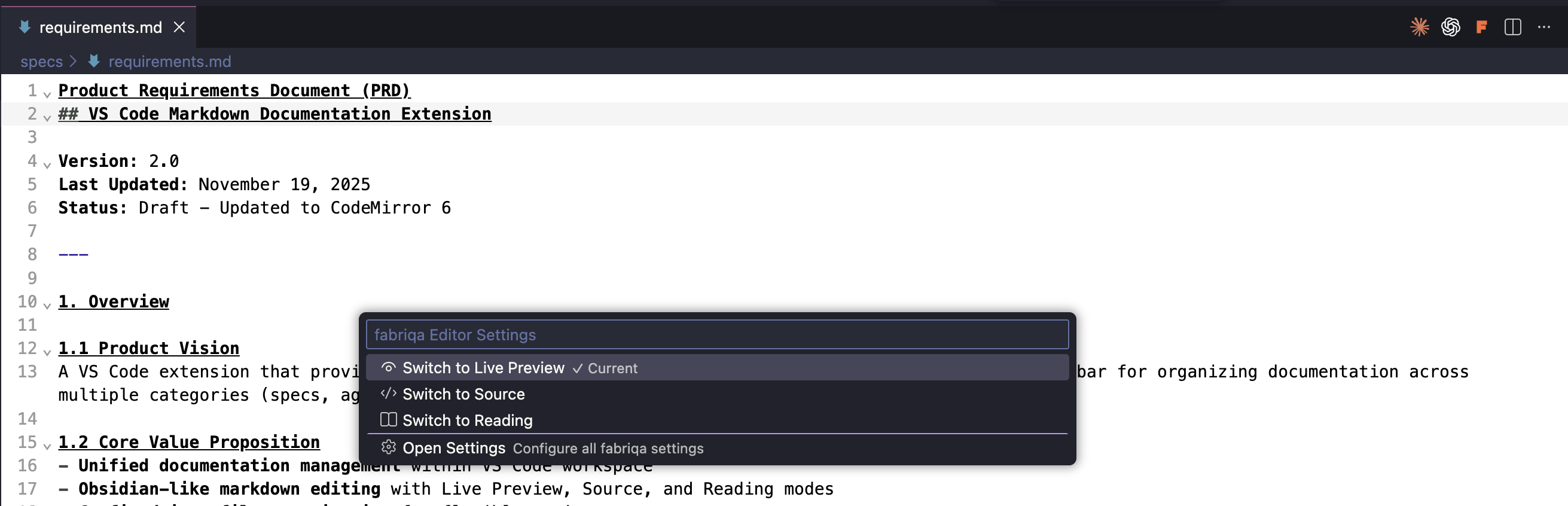 Mode switching menu showing Live Preview, Source, and Reading modes