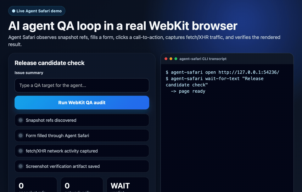 Agent Safari real WebKit QA demo