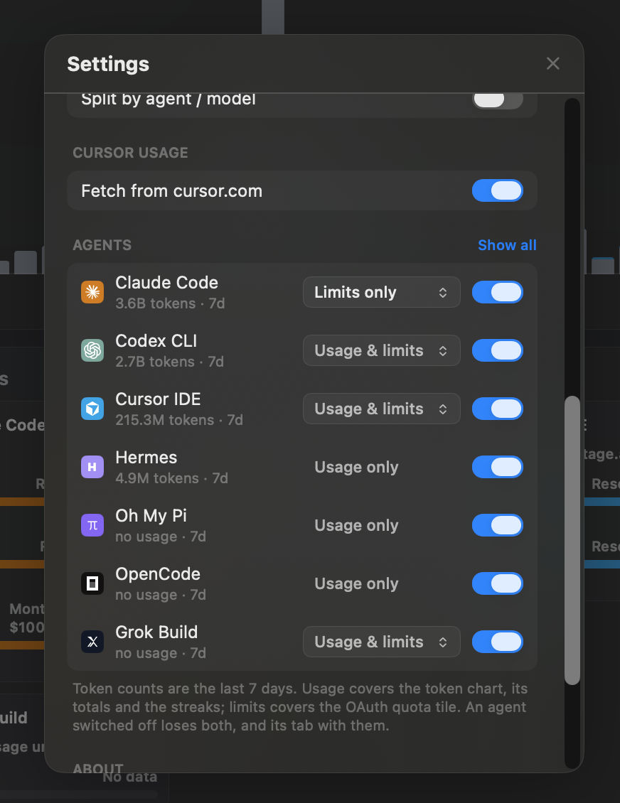Settings › Agents: per-agent usage and limits visibility