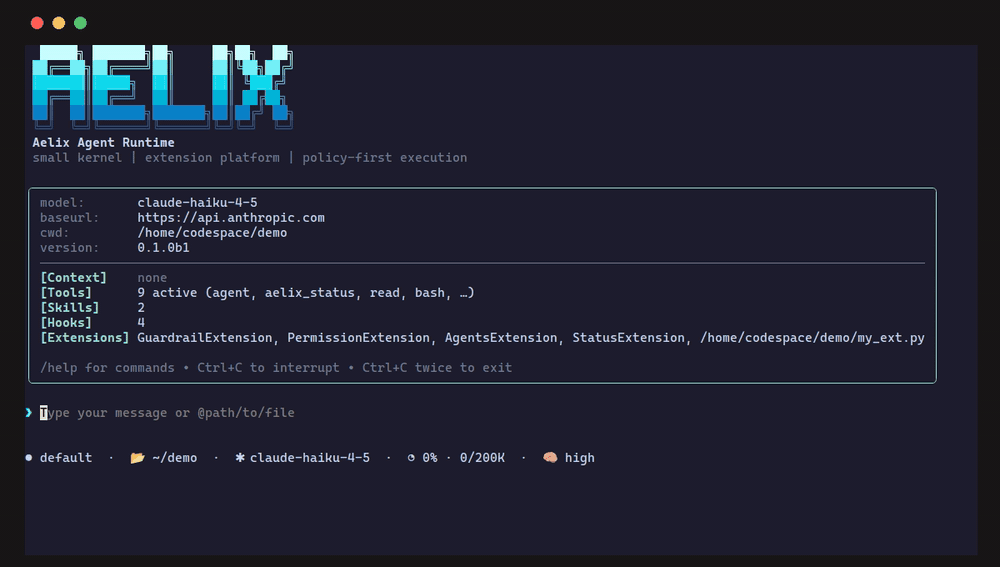 Aelix demo — the agent writes a DuckDB query tool into my_ext.py, /reload hot-loads it without restarting, and the next prompt runs it in-process against a Parquet file