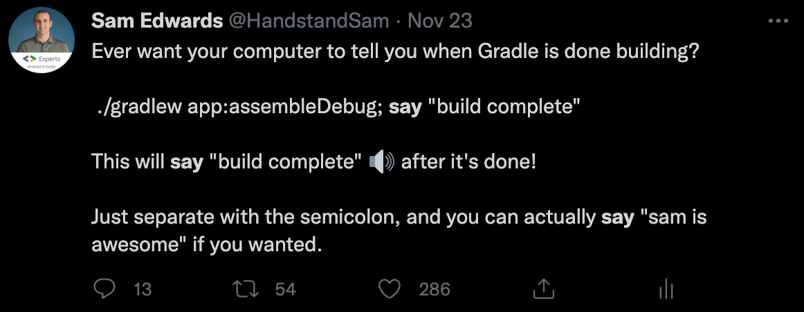 Tweet about Using the Say Command with Gradle