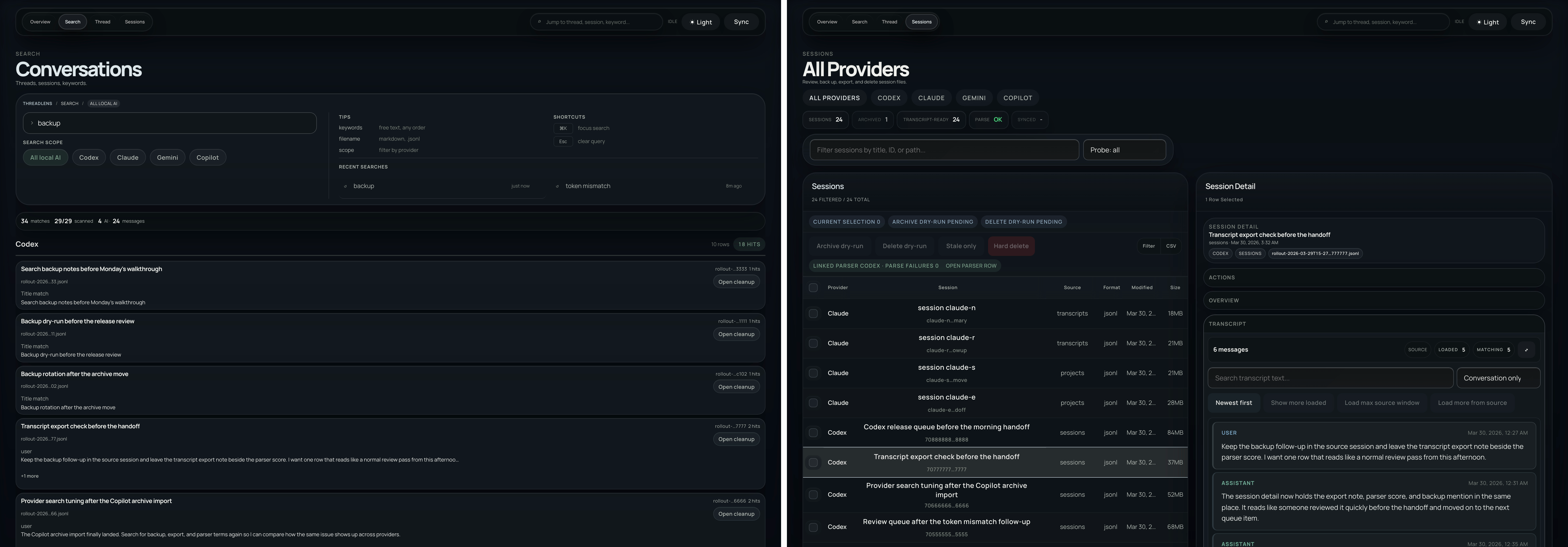 ThreadLens search and sessions surfaces
