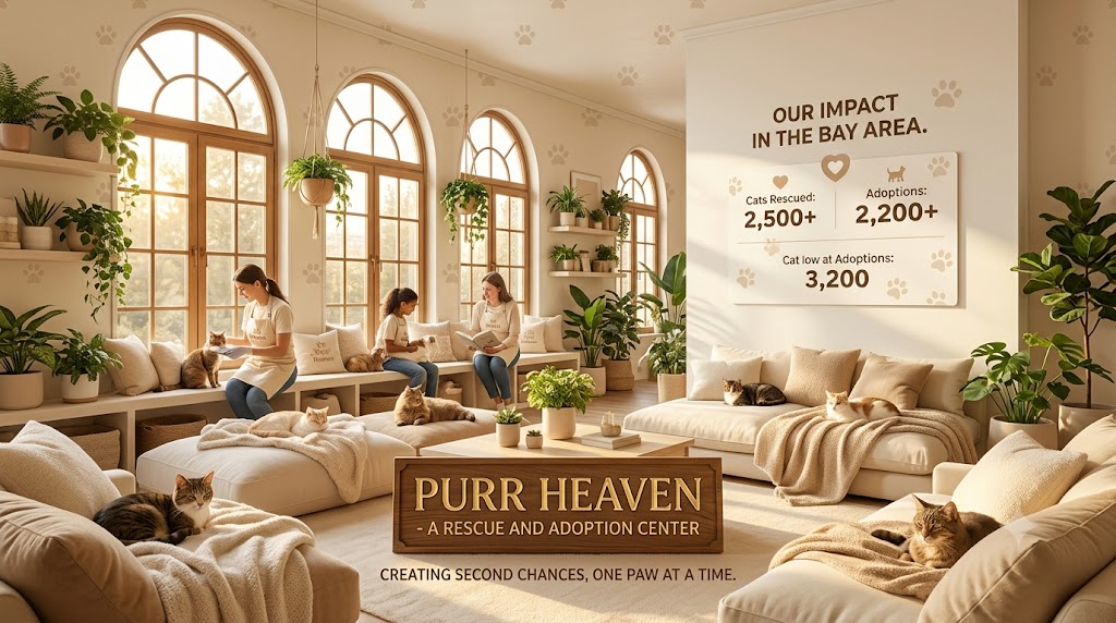 The sunlit Purr Heaven rescue lounge with arched windows, bean bags, plants and cats, beneath a wall sign reading Creating second chances, one paw at a time