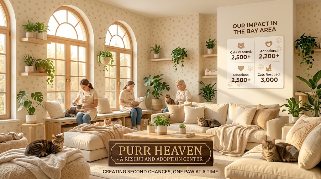 The warm Purr Heaven adoption lounge with families meeting cats beneath a sign reading Creating second chances, one paw at a time