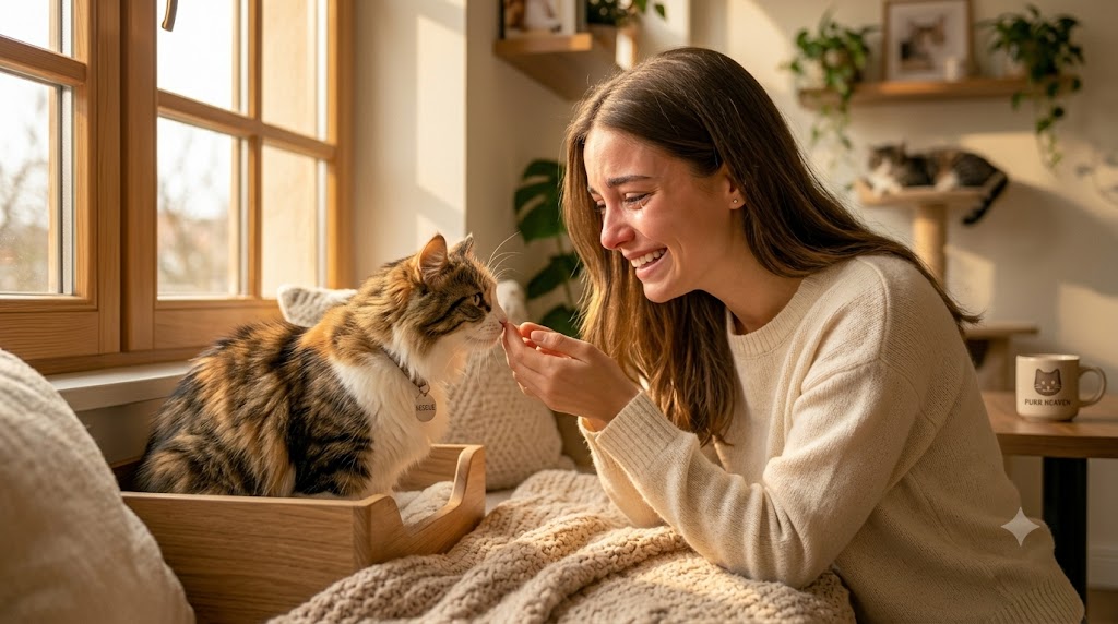 A delighted visitor reaching out to a fluffy calico cat for the first time
