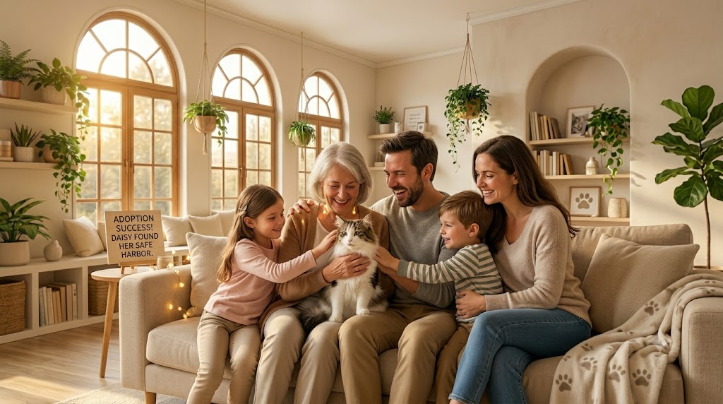 A multi-generational family cuddling their newly adopted fluffy cat together on a sofa