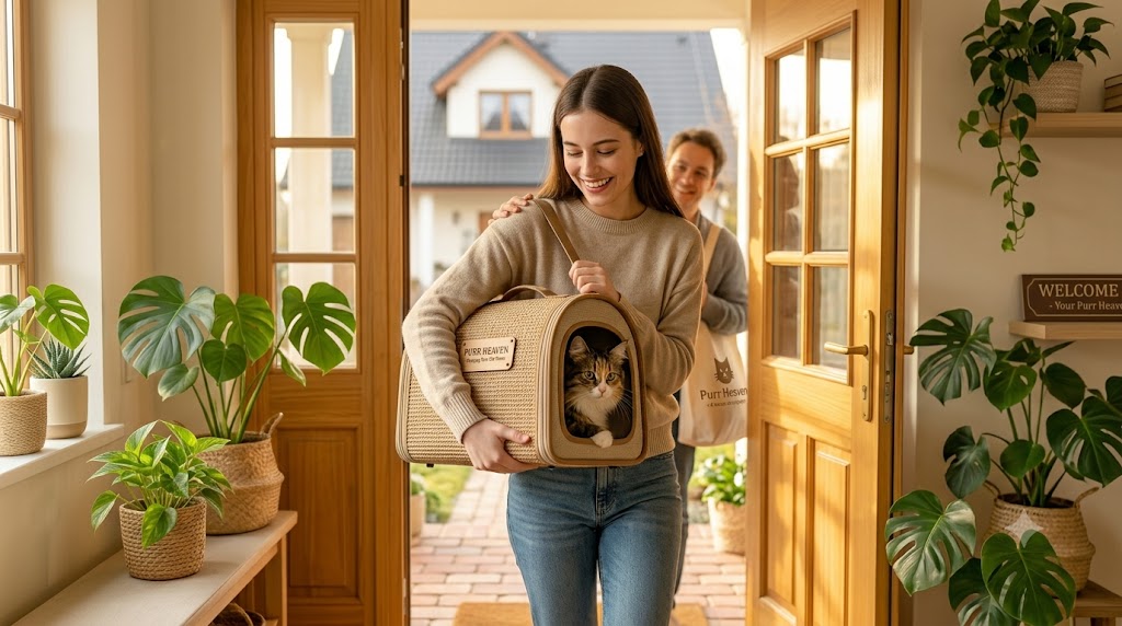 A smiling adopter carrying a cat in a carrier through their front door