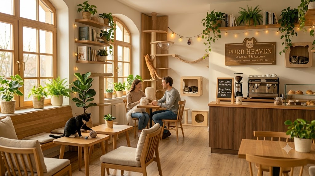 The Purr Heaven café interior with wooden tables, plants, a coffee counter and cats on shelves
