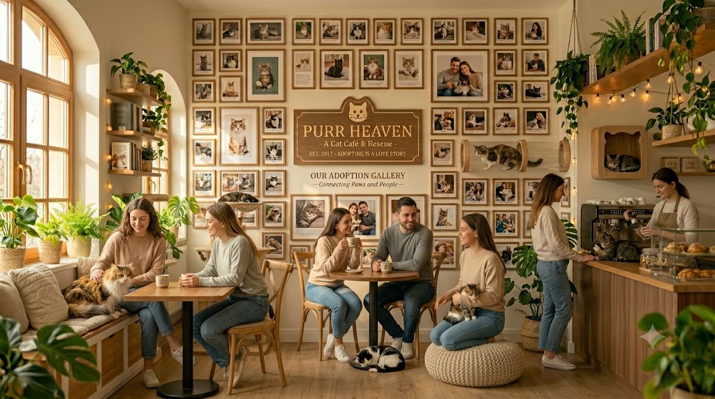 Guests relaxing at café tables while cats wander between them