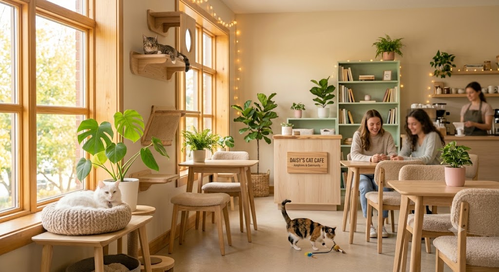 Guests relaxing with cats at tables inside the Purr Heaven café