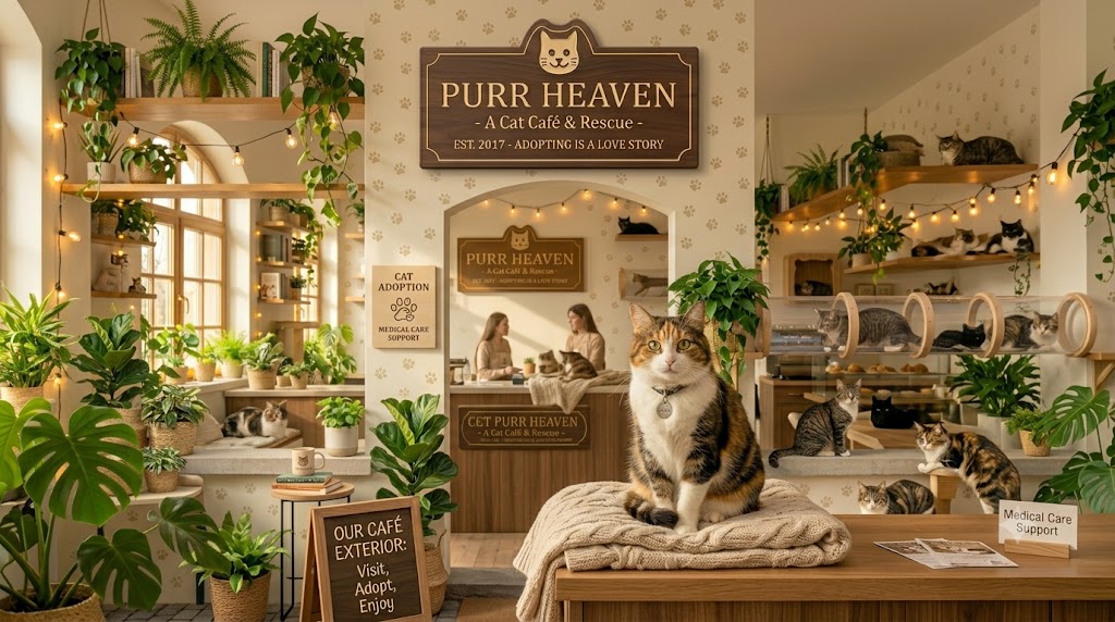 A friendly calico cat sitting near the Purr Heaven welcome desk