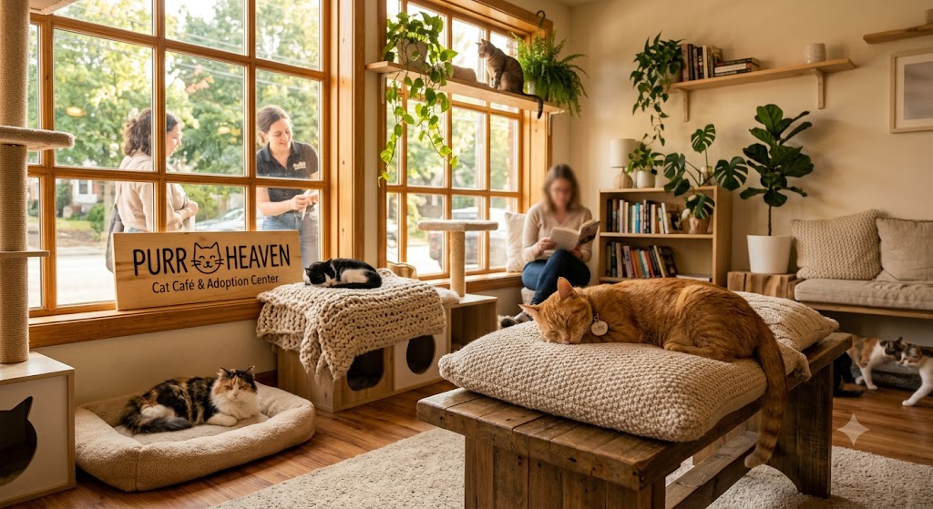 The sunlit Purr Heaven lounge with cats relaxing on cat trees, cushions and beds beneath the café sign