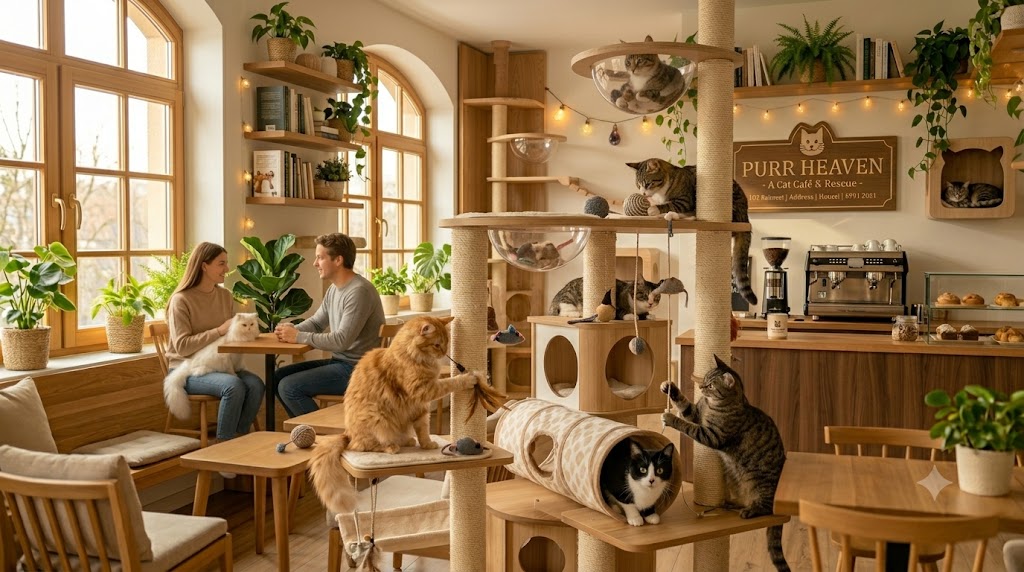 Cats playing on a tall cat tower with tunnels and toys in the Purr Heaven lounge