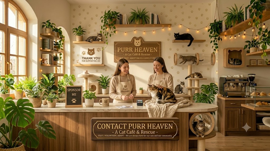 Friendly Purr Heaven staff at the welcoming café front desk with rescue cats nearby