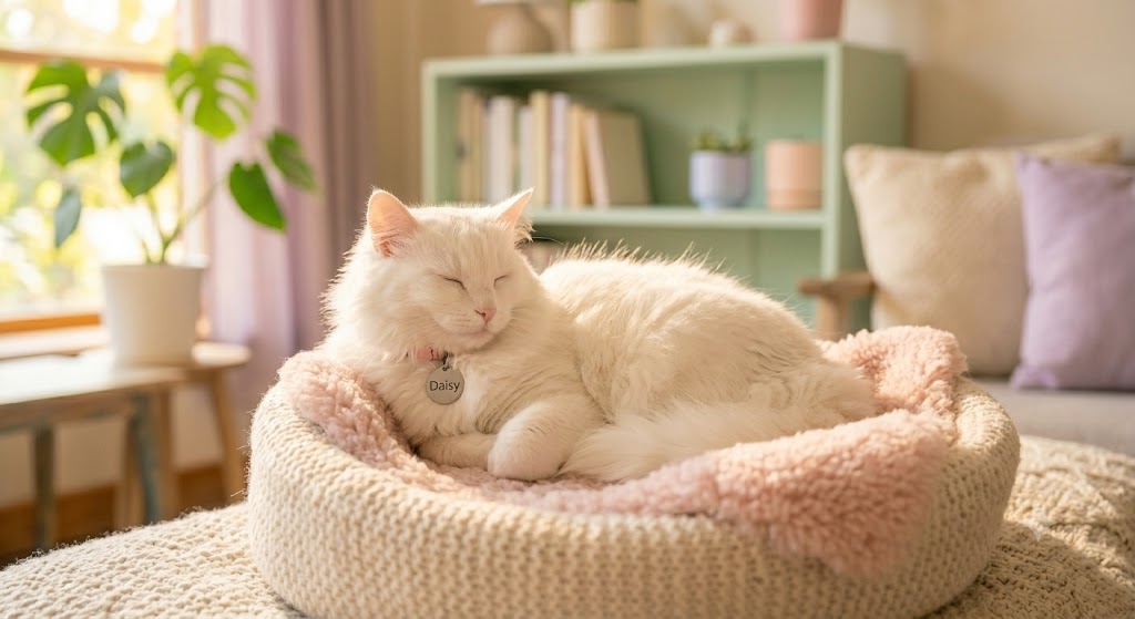 Daisy, a fluffy cream cat, curled up asleep in a pink bed