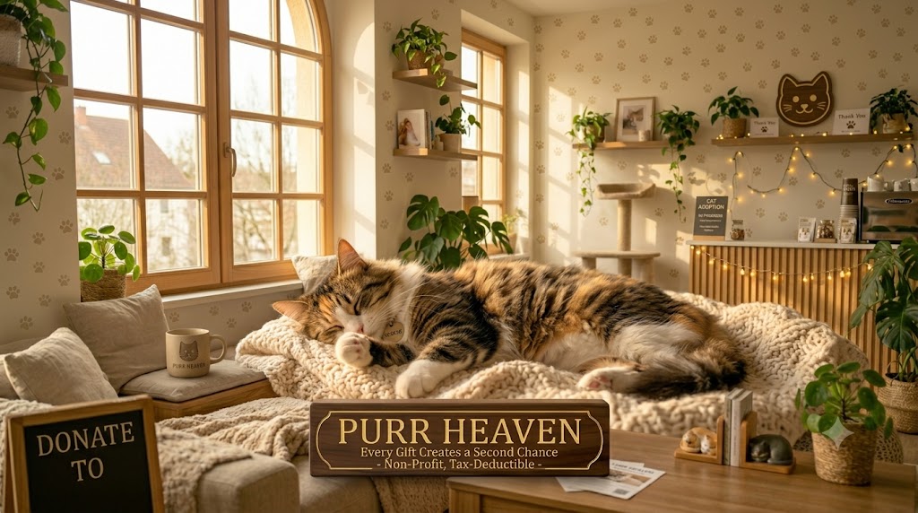 A rescue cat resting peacefully in a soft blanket beneath a sign reading Every gift creates a second chance