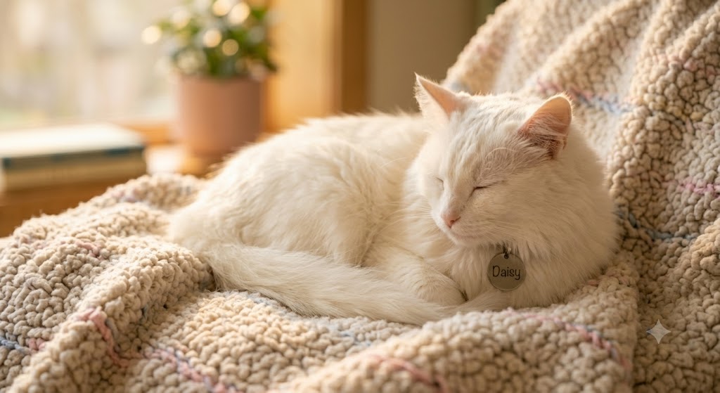 A white cat sleeping peacefully on a soft knitted blanket