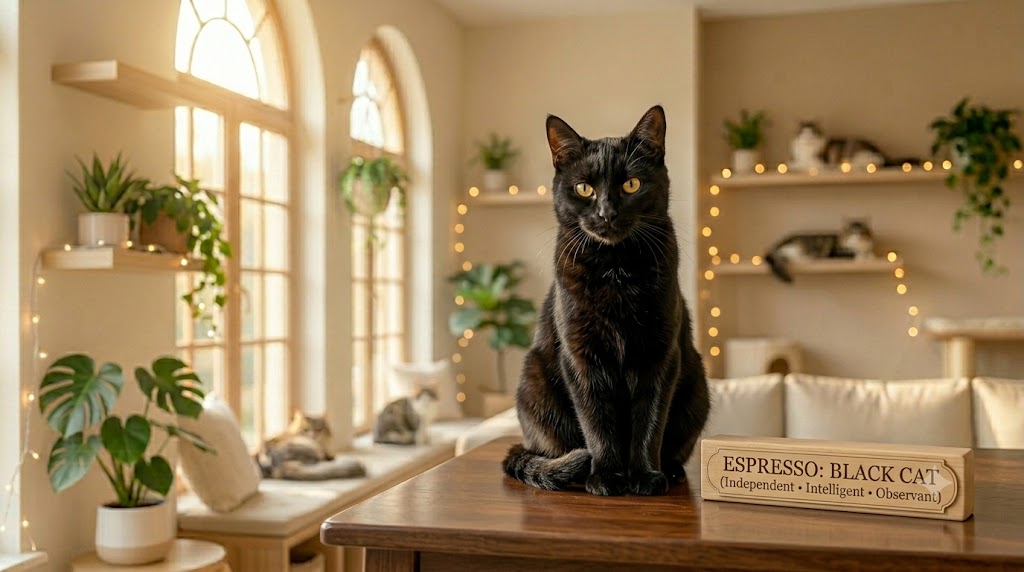 Espresso, a black cat cat at Purr Heaven