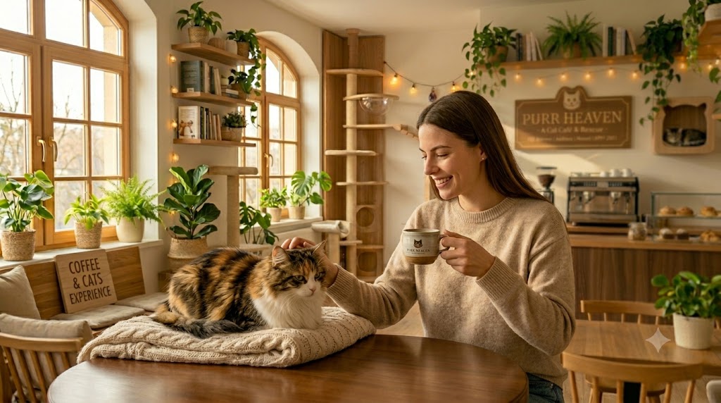 A guest sipping coffee while a calico cat lounges contentedly on the table beside her