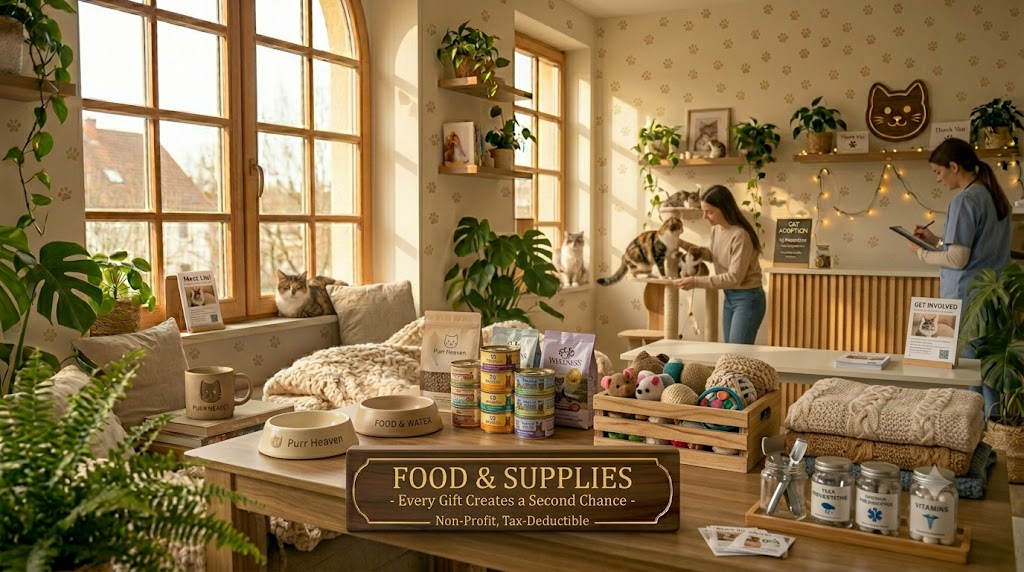Cat food bowls, toys, blankets and care supplies arranged in the rescue centre
