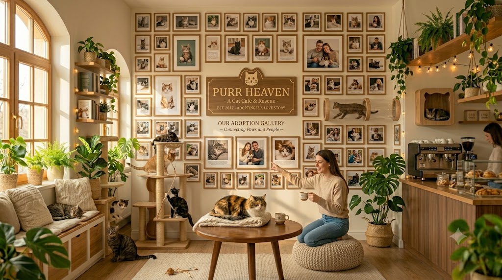 A gallery wall of framed rescue-cat photos inside the warm Purr Heaven café