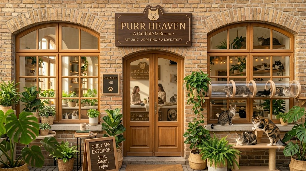 The charming Purr Heaven cat café storefront with its wooden sign and plants by the door