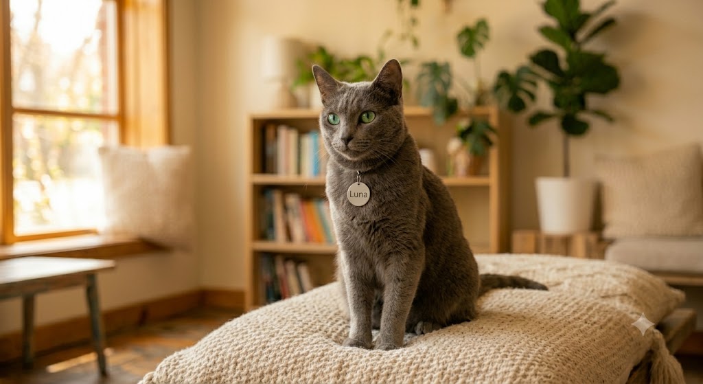 Luna, a grey cat, perched calmly beside a sunny window