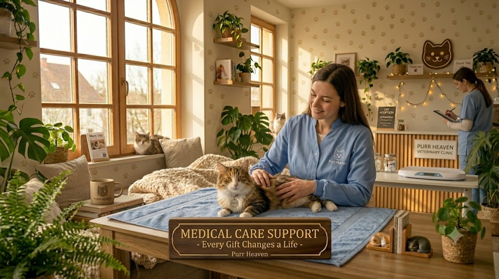 A carer gently tending to a rescue cat on a soft mat during a medical check