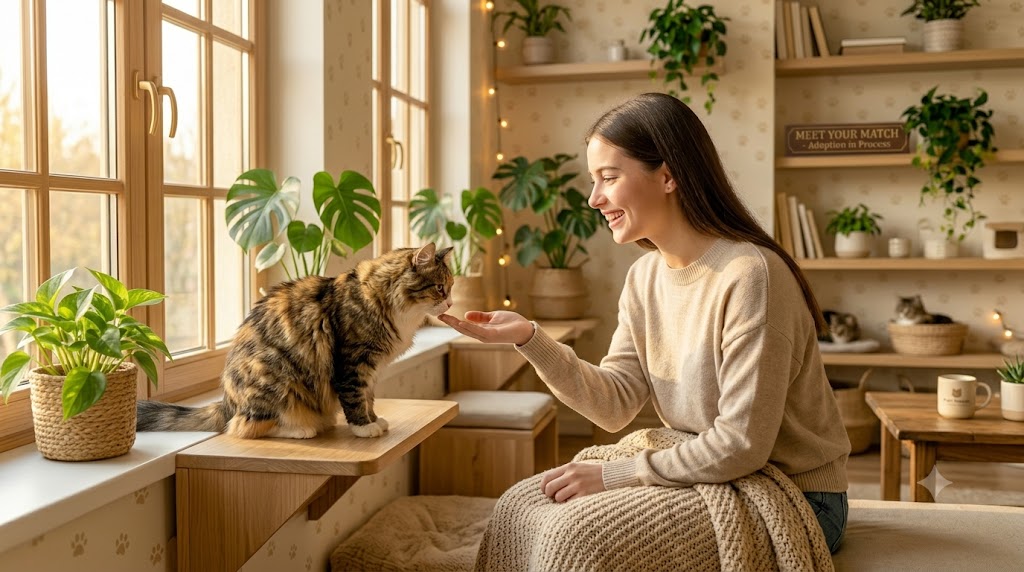 A smiling visitor reaching out to gently greet a rescue cat on a perch in the café