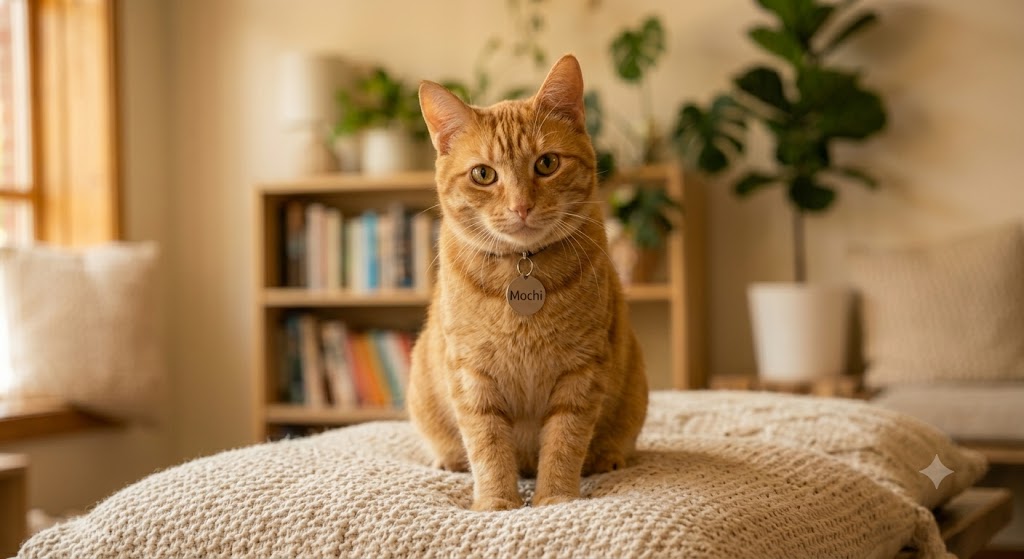 Mochi, a ginger tabby cat, sitting upright on a knitted cushion
