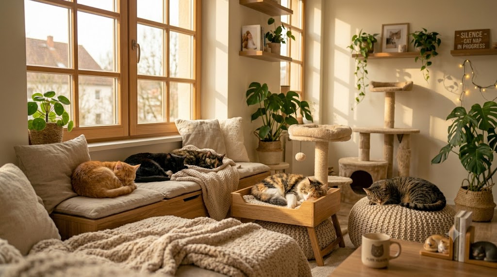 Several cats sleeping peacefully on soft cushions and blankets