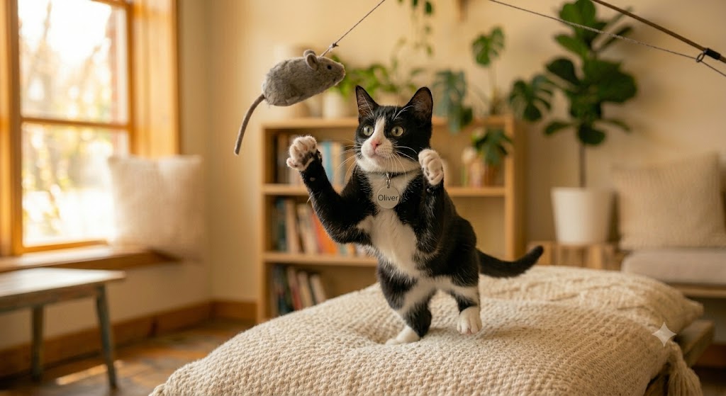 Oliver, a tuxedo cat, mid-pounce playing with a feather toy