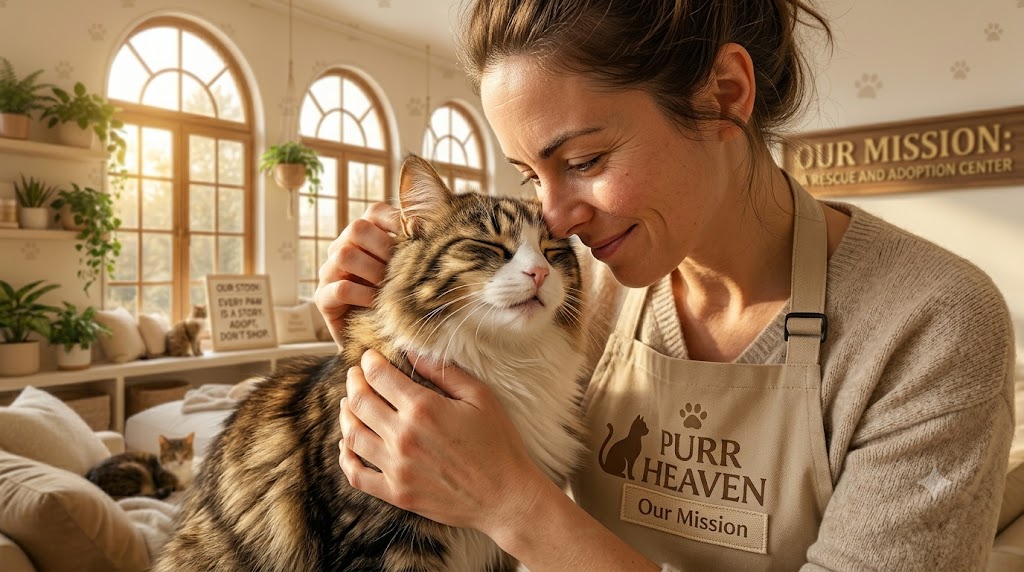 A carer in a Purr Heaven apron gently nuzzling a fluffy tabby cat