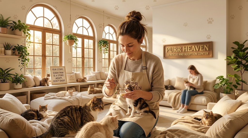 A volunteer in a Purr Heaven apron playing with cats on bean bags in the lounge