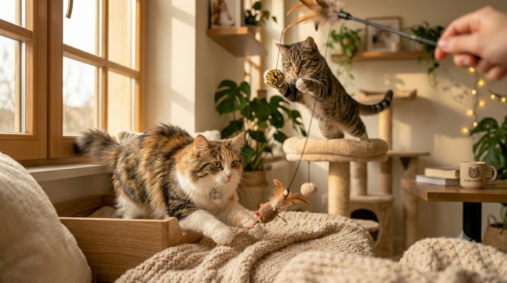 A calico cat stretching up to bat at a dangled feather toy