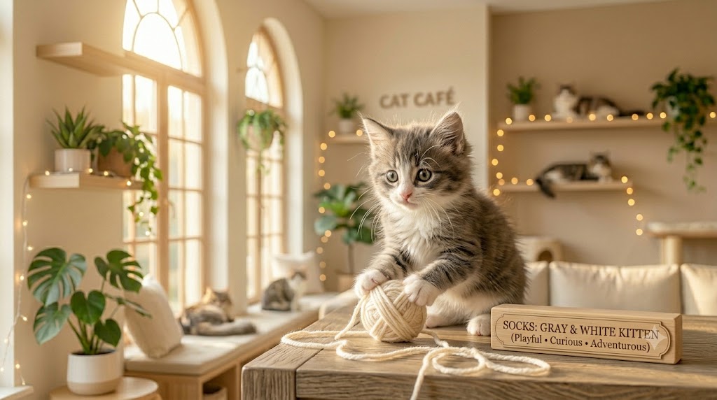 Socks, a gray and white kitten cat at Purr Heaven