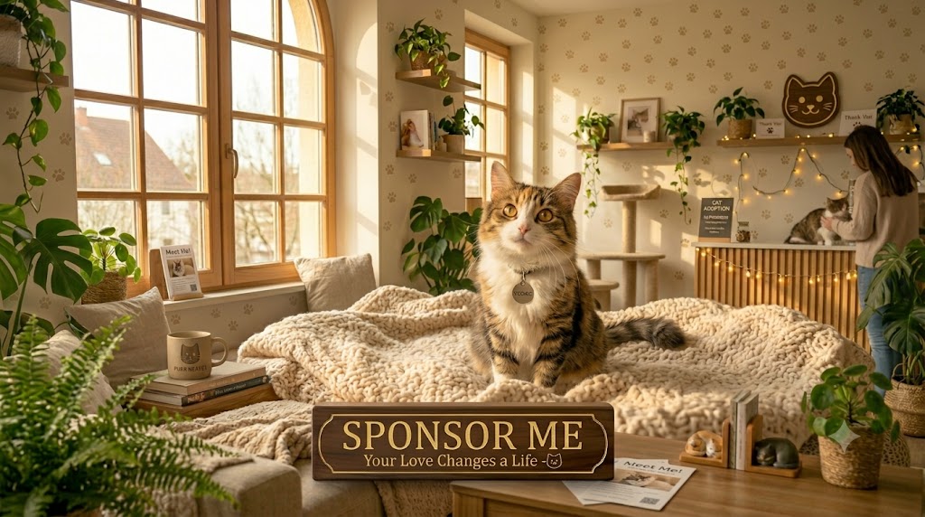 A hopeful rescue cat sitting beside a sign that reads Sponsor Me