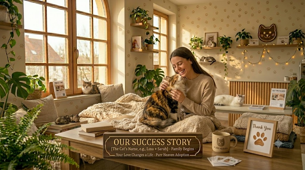 A smiling woman cuddling her adopted calico cat at home