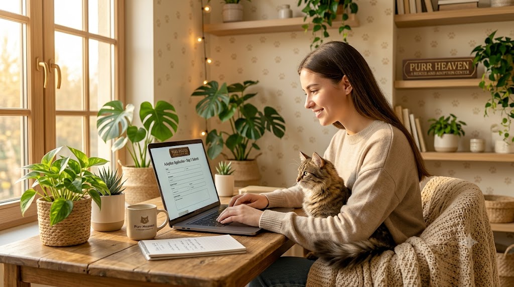 A woman at a wooden table filling out a cat adoption form on a laptop with a tabby cat beside her