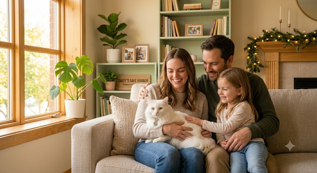 A family petting their newly adopted white cat together on the sofa