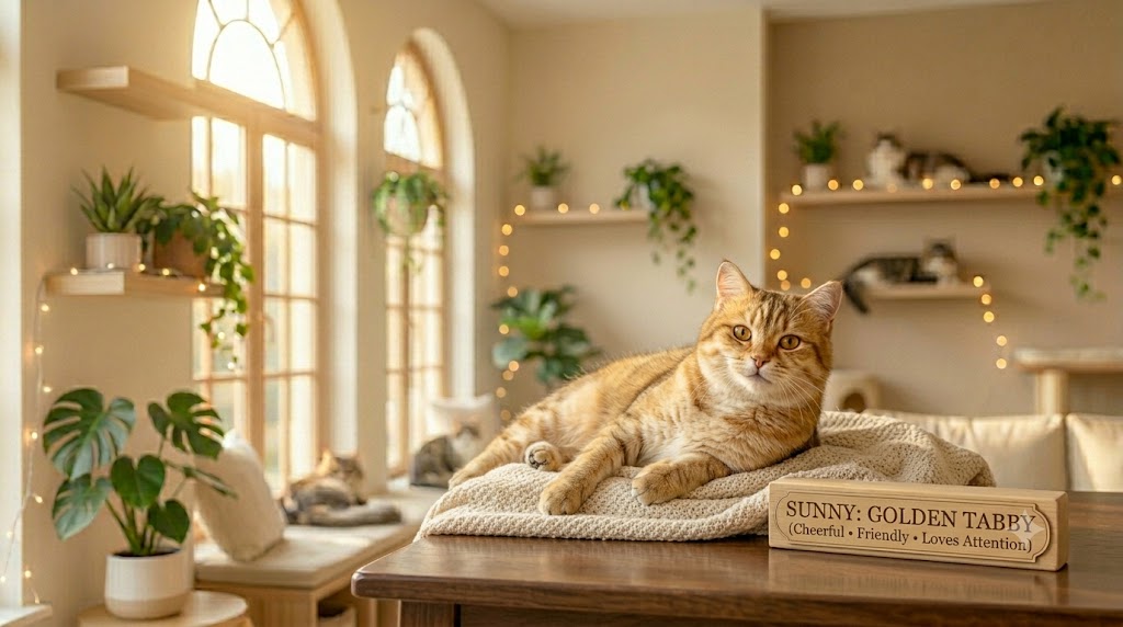 Sunny, a golden tabby cat at Purr Heaven