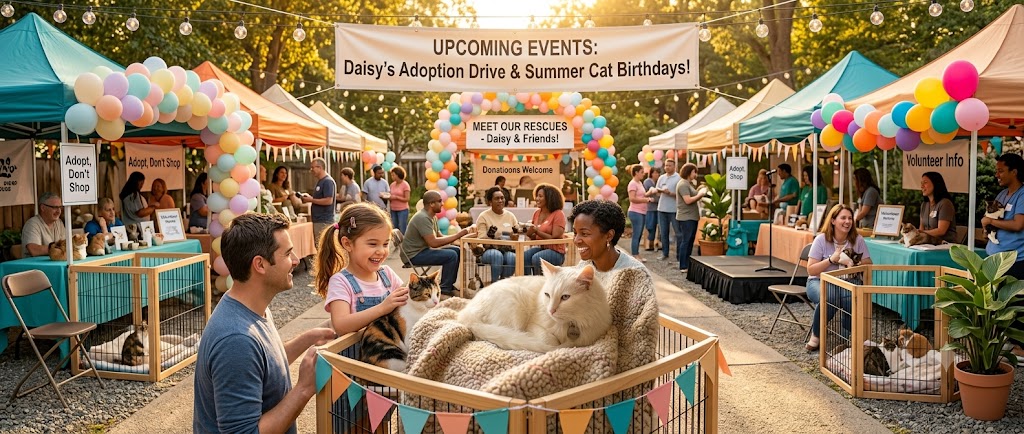 Outdoor Purr Heaven adoption fair with balloons, stalls and visitors meeting cats