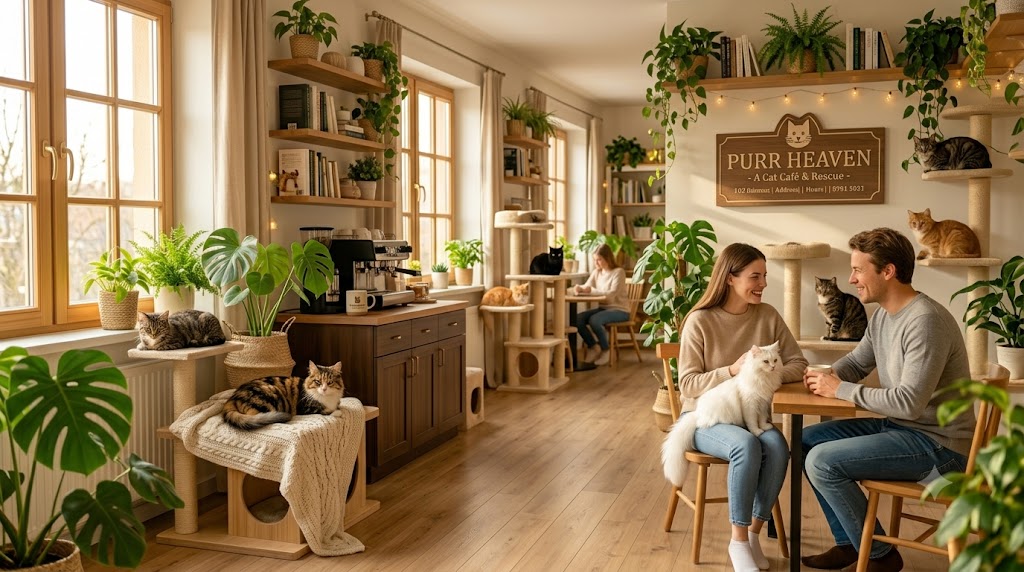 Guests enjoying coffee with cats in the warm, sunlit Purr Heaven café lounge