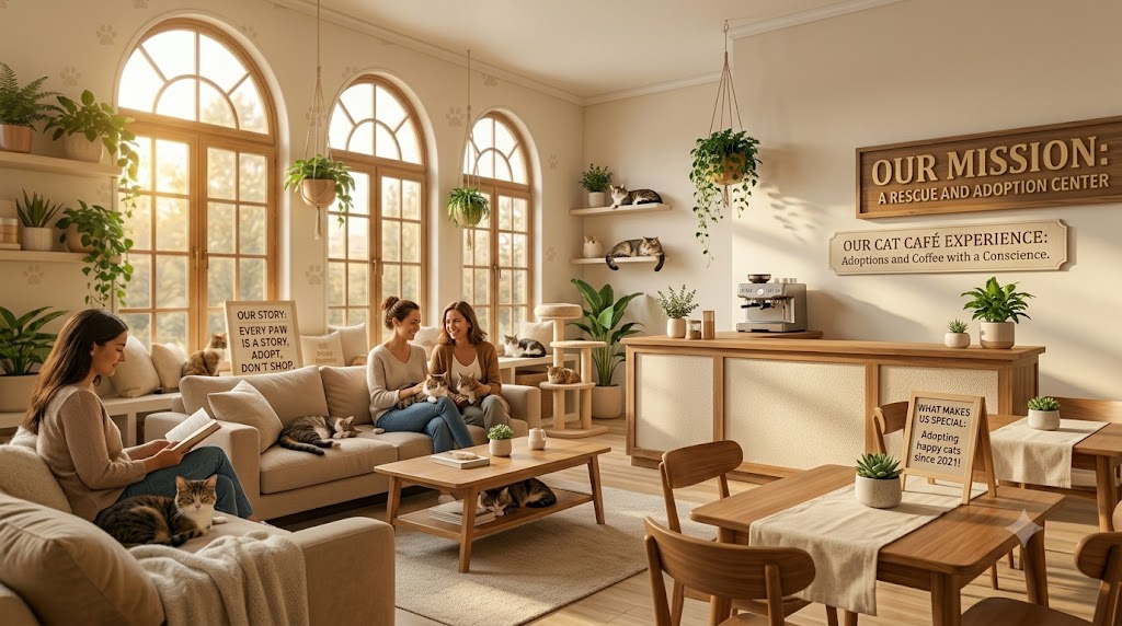 The Purr Heaven café area with guests on couches, a coffee station and cats roaming freely