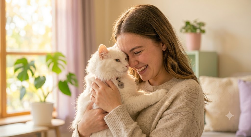 A smiling woman gently nuzzling a fluffy white rescue cat