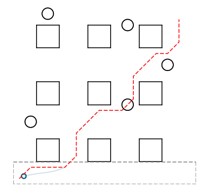 Big warehouse with circular bouncing obstacles