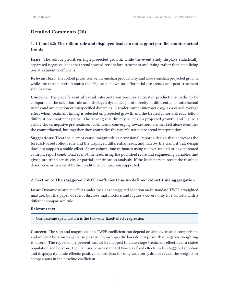 A detailed-comments page: each issue quotes the manuscript, explains the concern, and ends in concrete suggestions